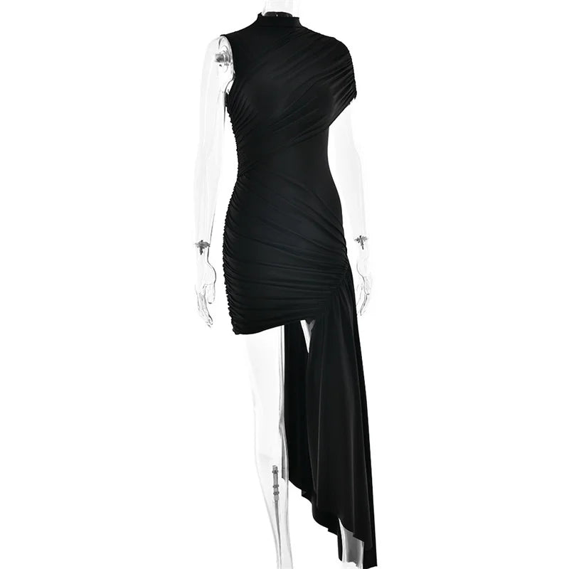Balitops Summer Draped Ruched Sexy Mini Dress Women 2025 New Irregular High Waist Slim Fit Dress Female Elegant Club Tank Dress