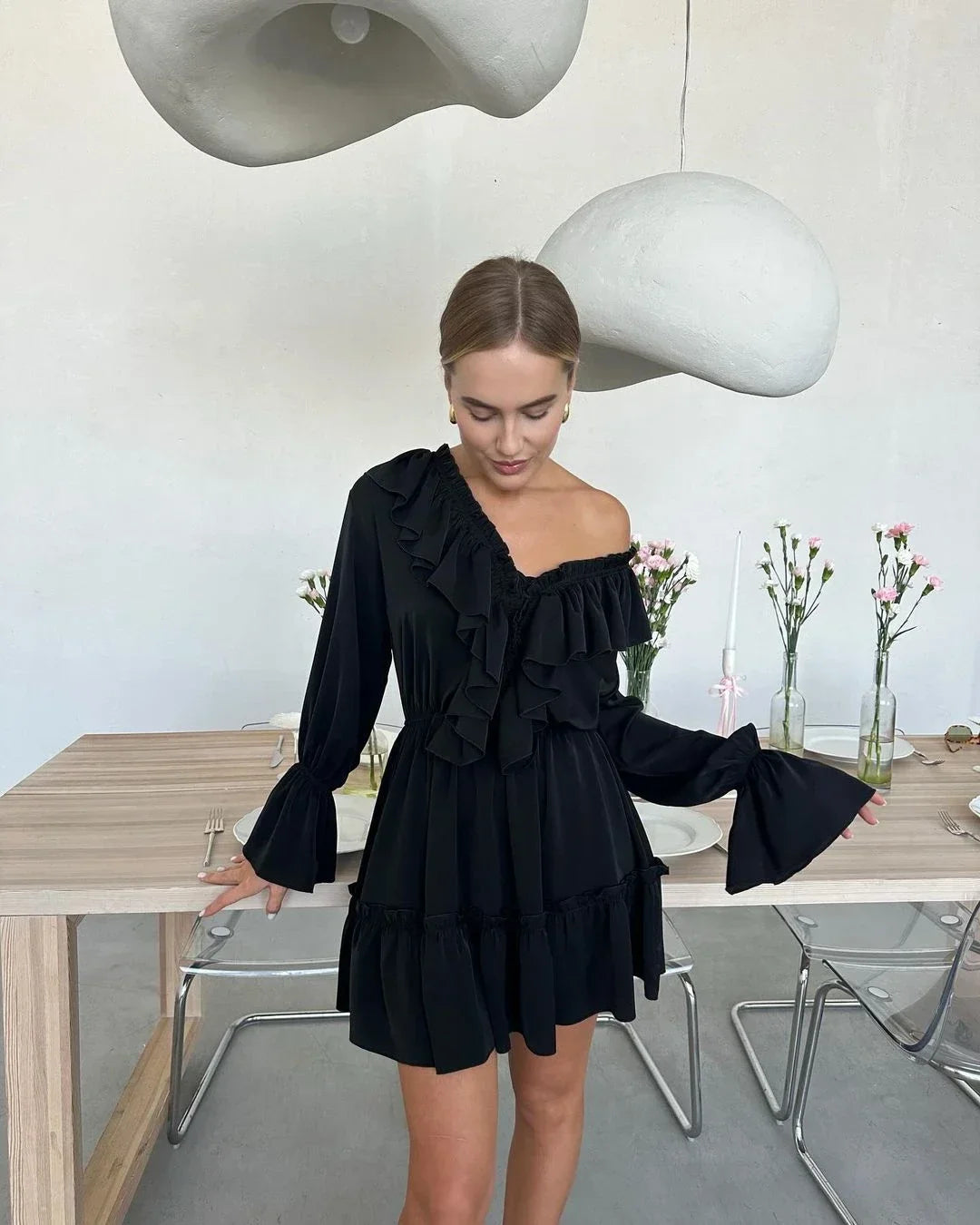 Talenza White Ruffle Bandage Mini Dress Women's Elegant Patchwork Long Sleeve Dress New Slim V Neck Lace Up Summer Mini Dress