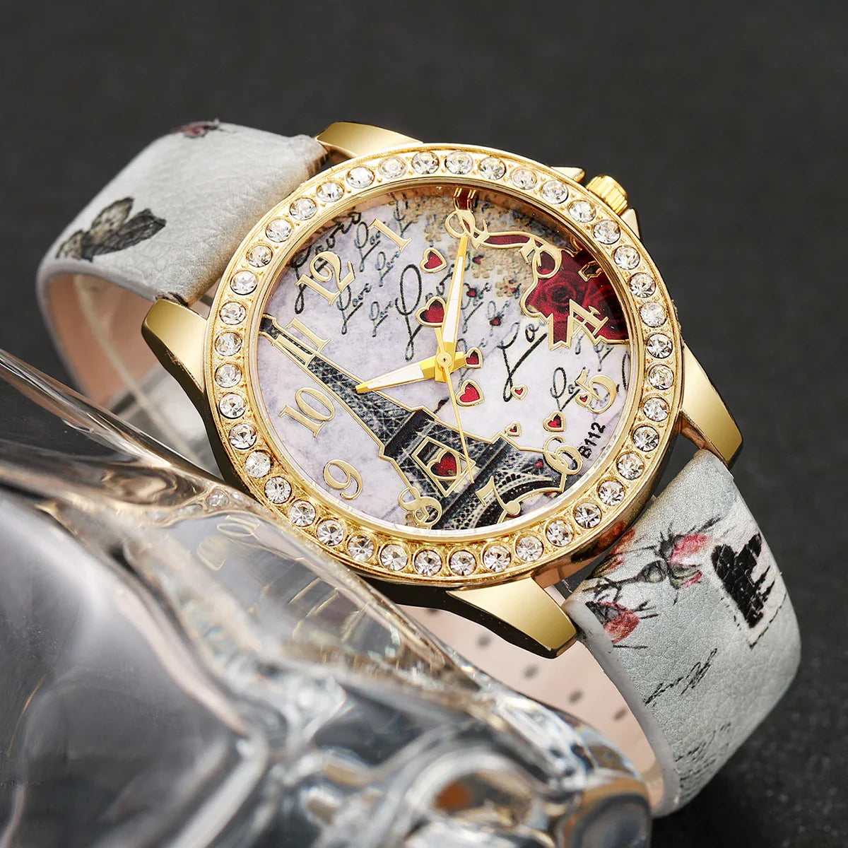 Fashion Rhinestone Women's Watch Arabic Dial Leather Band Quartz Watches（Without Box）