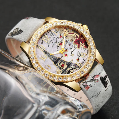 Fashion Rhinestone Women's Watch Arabic Dial Leather Band Quartz Watches（Without Box）