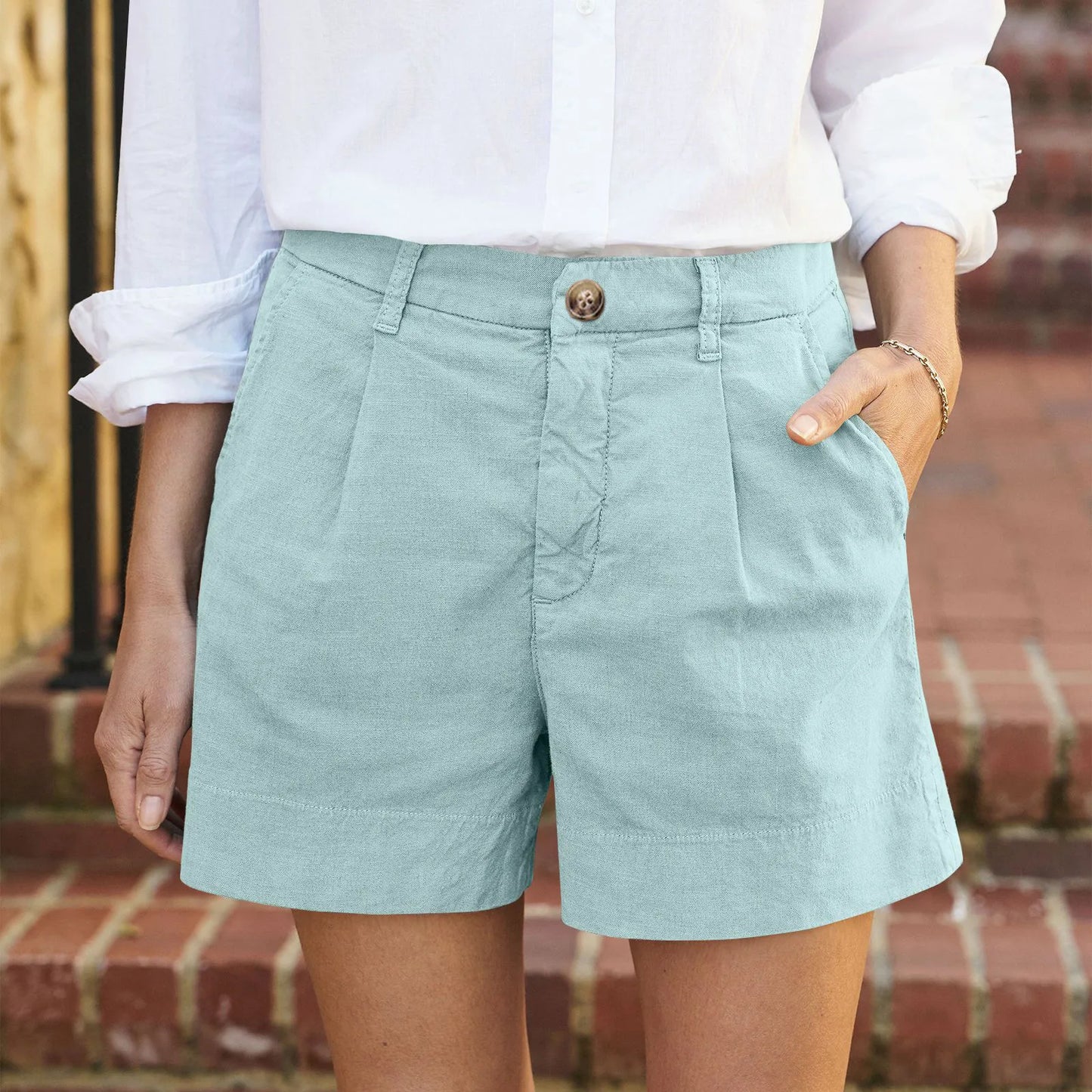 Cotton Linen Solid Shorts For Women Button High Waist Summer Loose Casual Pockets Shorts Female Pants Women Clothing