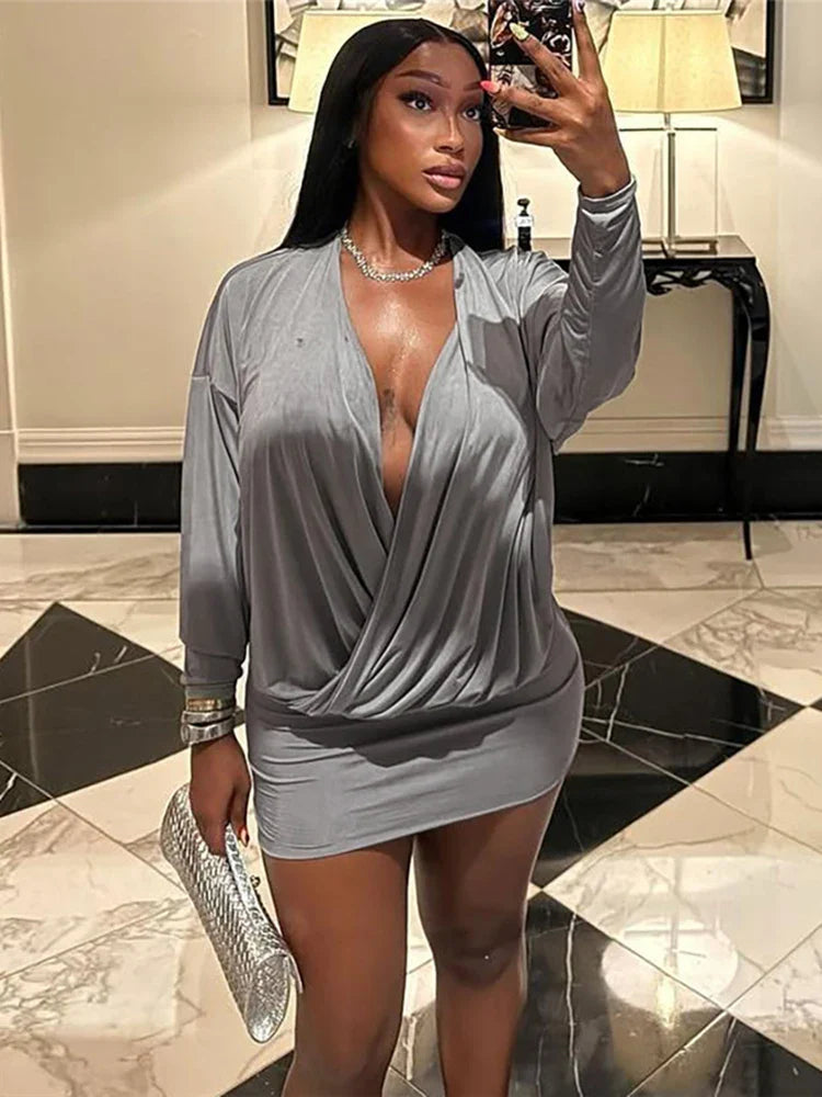 Nibber Cross Deep V-Neck Dress Women Full Sleeve Stretch Solid Midnight Street Clubwear Party Autumn Trend Elegant Mini Bodycon