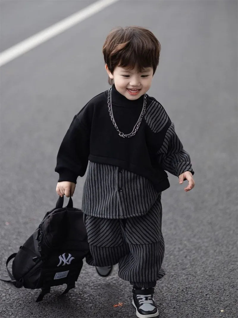 Fleece-Lined Hoodies Set Kids Clothes Boys Children's Suit for Boy Boy´s Clothing Winter 8 10 Year Old Sets Outdoor Top Bottom