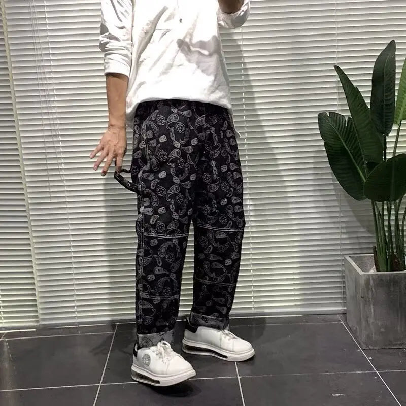 Man Cowboy Pants Black Men's Jeans Cropped Hip Hop Trousers Straight Grunge