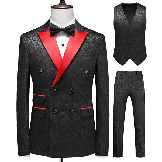 Men Business Wedding Host Dark Print 3 Pcs Set / Male Slim Fit Double Breasted