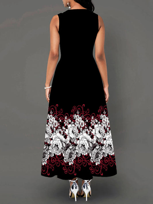 Lady Spring Summer Long Dress Black Sleeveless Floral Print Elegant Dresses