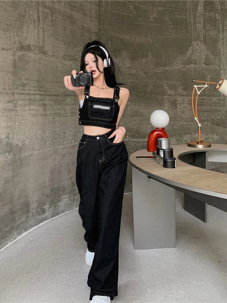Acubi Fashion Two-Piece Top Pants Set Women Y2k Black Jeans