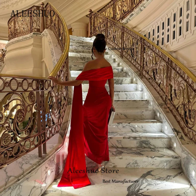 Homecoming Dresses: A-Line Red Long Prom Dress Pleated Off The Shoulder
