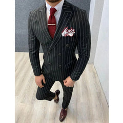 Black Striped Men Suits Two Piece Fashion Peak Lapel Double