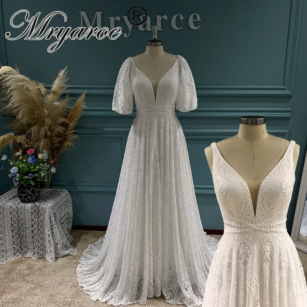 White Bridesmaid Dresses: Plunging Neck Open Back Lace Wedding Dress Bridal Gowns