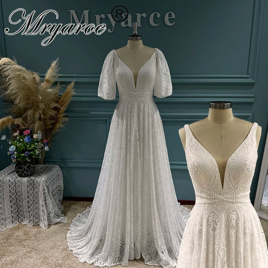 White Bridesmaid Dresses: Plunging Neck Open Back Lace Wedding Dress Bridal Gowns