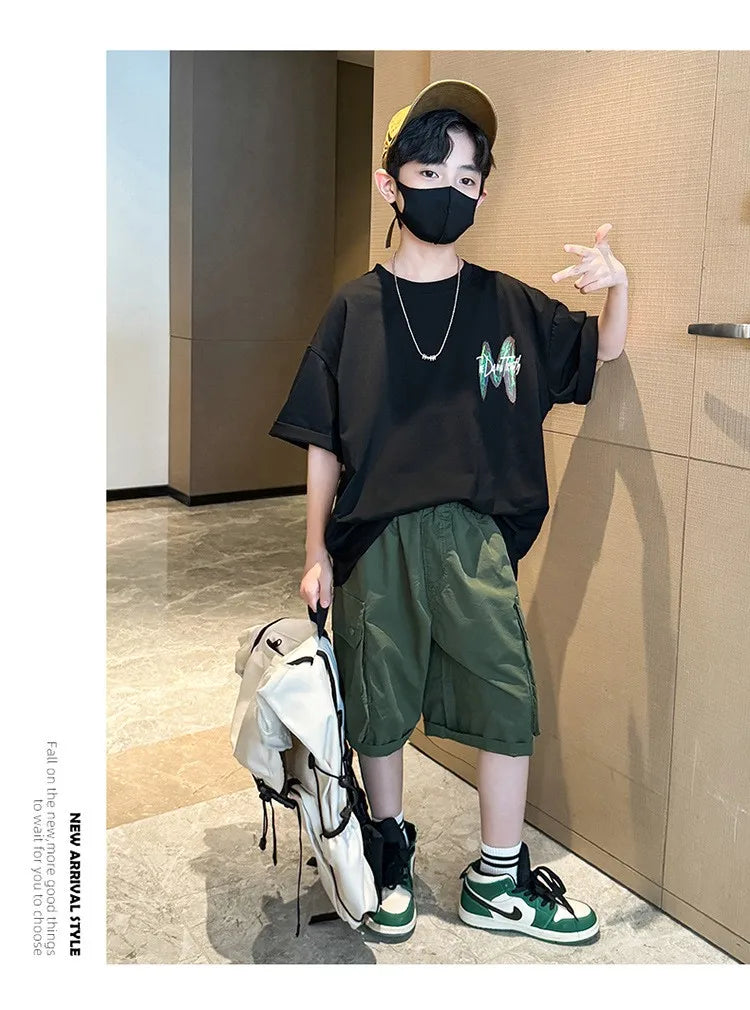 New Teen Boys Clothing Set Summer Letter Short Sleeve T-shirt Pants 2Pcs Suit For 5 6 8 10 12 Years Kids Handsome Casual Outfit