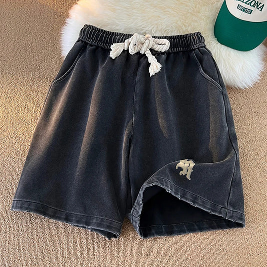 Gothic Washed Men Solid Color Shorts Plus Size Hip Hop Casual Trunks Male