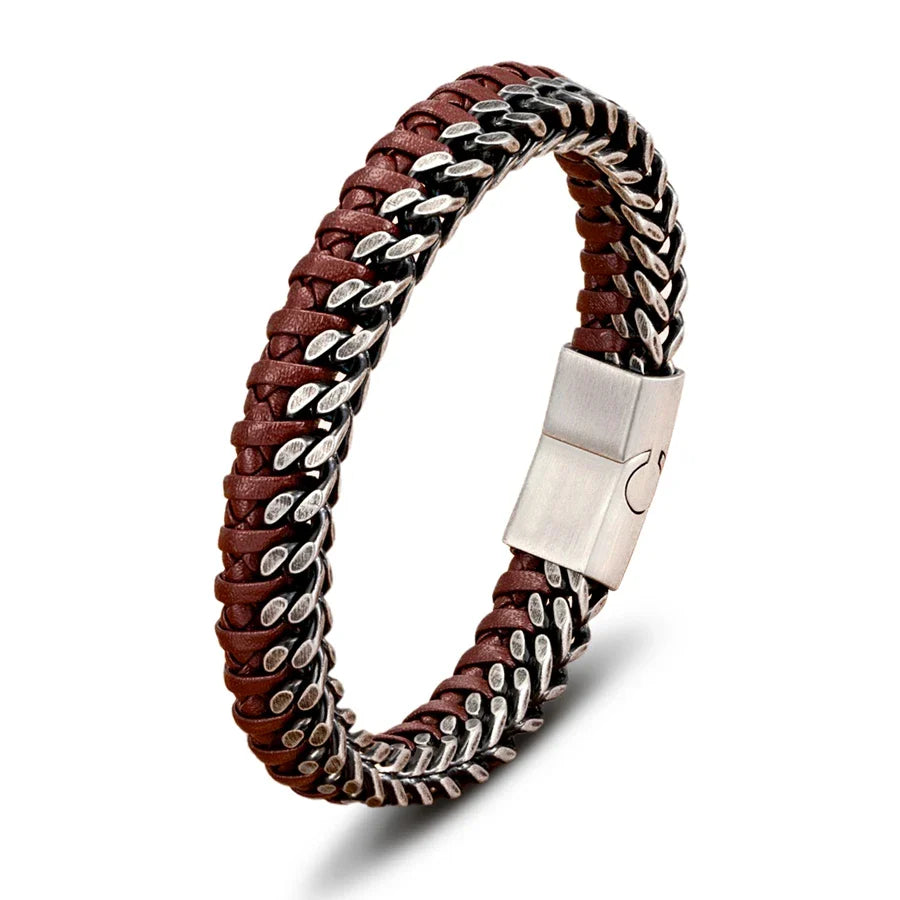 TYO New Fashion Stainless Steel Double Chain Braid Leather Mens Bracelet with Magnetic Buckle Best Gifts Whoesale Dropshipping