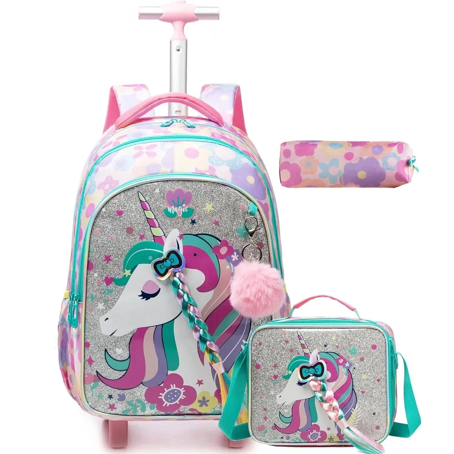 Children's Wheeled Backpack Bag Set with Lunch Box School Rolling Backpack Bag with Wheels School Trolley Backpack Bag for Girls