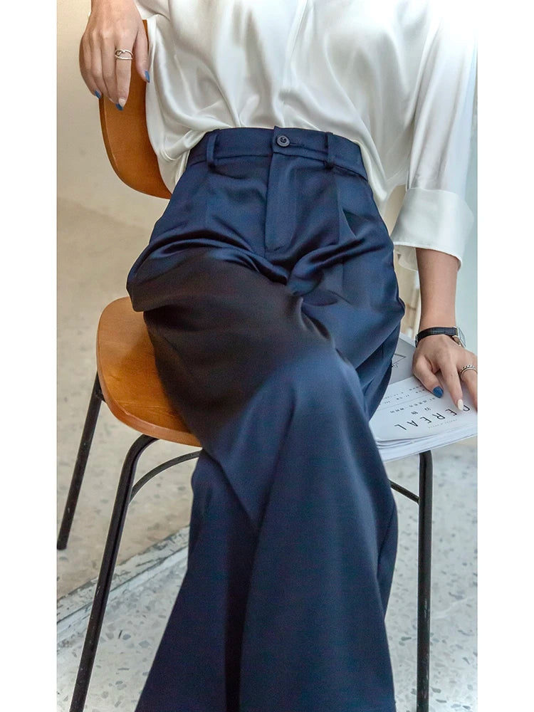 2024 Spring Summer Ice silk Satin Women's Pants Wide Leg High Waist Casual