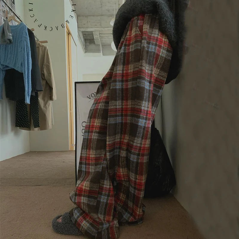 Rimocy Autumn Winter Plaid Baggy Pants Women Elastic Waist Casual Wide Leg