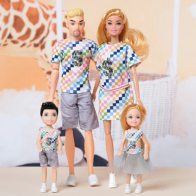 1/6  FamilyDoll Toy Set of 4 People Mom Dad Kids 30cm Barbies Doll Full Set With Clothes for Education Birthday Gift