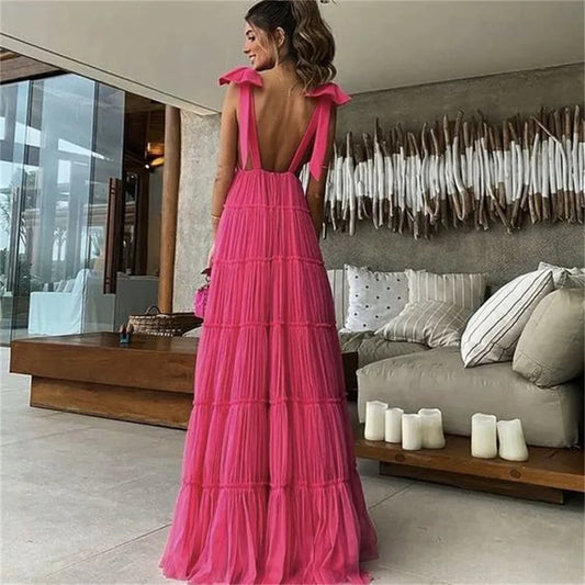 Spaghetti Strap Chic Woman Evening Dress Gown Deep V Neck Ball Gown