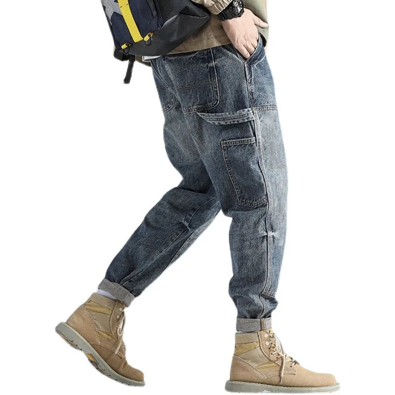 Fashion Retro Straight Loose Large Size Cargo  Jeans Men's Brand Autumn