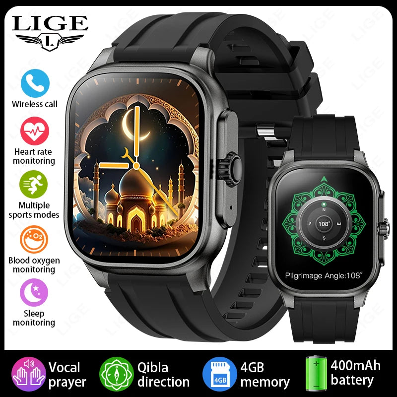 LIGE New MUSLIM Smart Watch with Qibla Pointer Voice Prayer 400mAh Battery Sport Bluetooth Call 2.01" HD Display Smartwatch Men