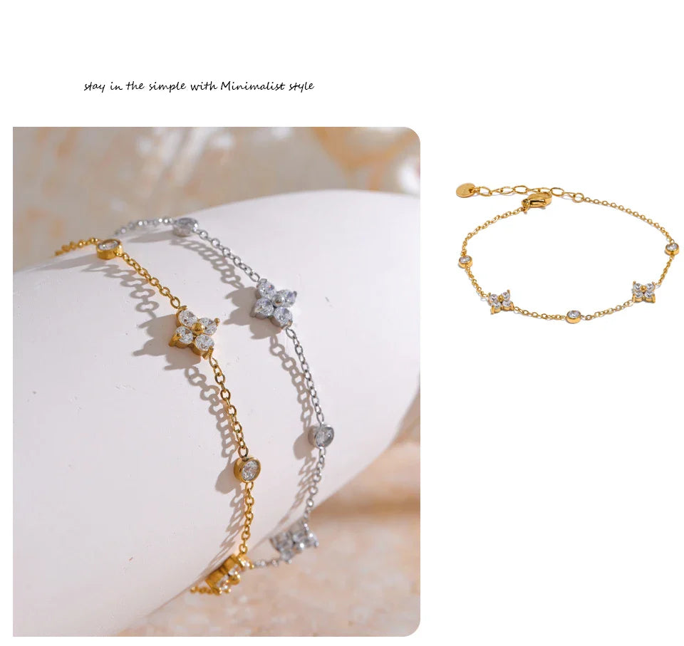 Yhpup Delicate Cubic Zirconia Flower Chain Thin Bracelet Bangle Stainless Steel Rust Proof Office Ladies Chic Jewelry New Gift