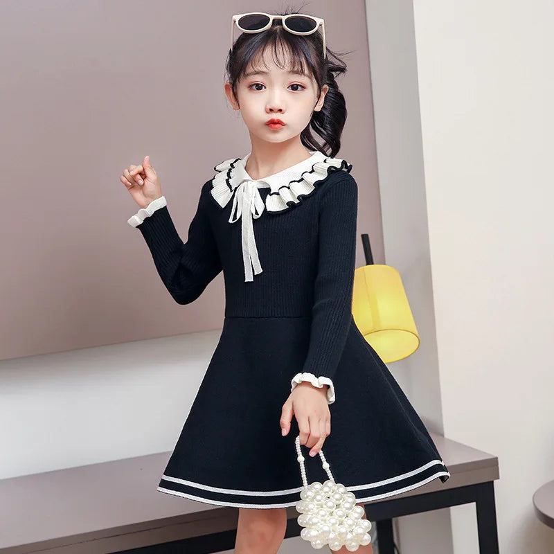 Children warm Sweater dress for girls infant casual pure color Pleated princess