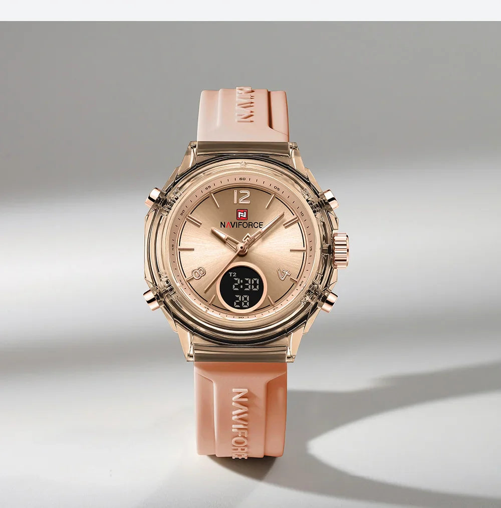 NAVIFORCE Luxury Women's Watch Gold Outdoor Sports Waterproof Watches Dual Time Display Quartz Wristwatches Rubber Digital Clock