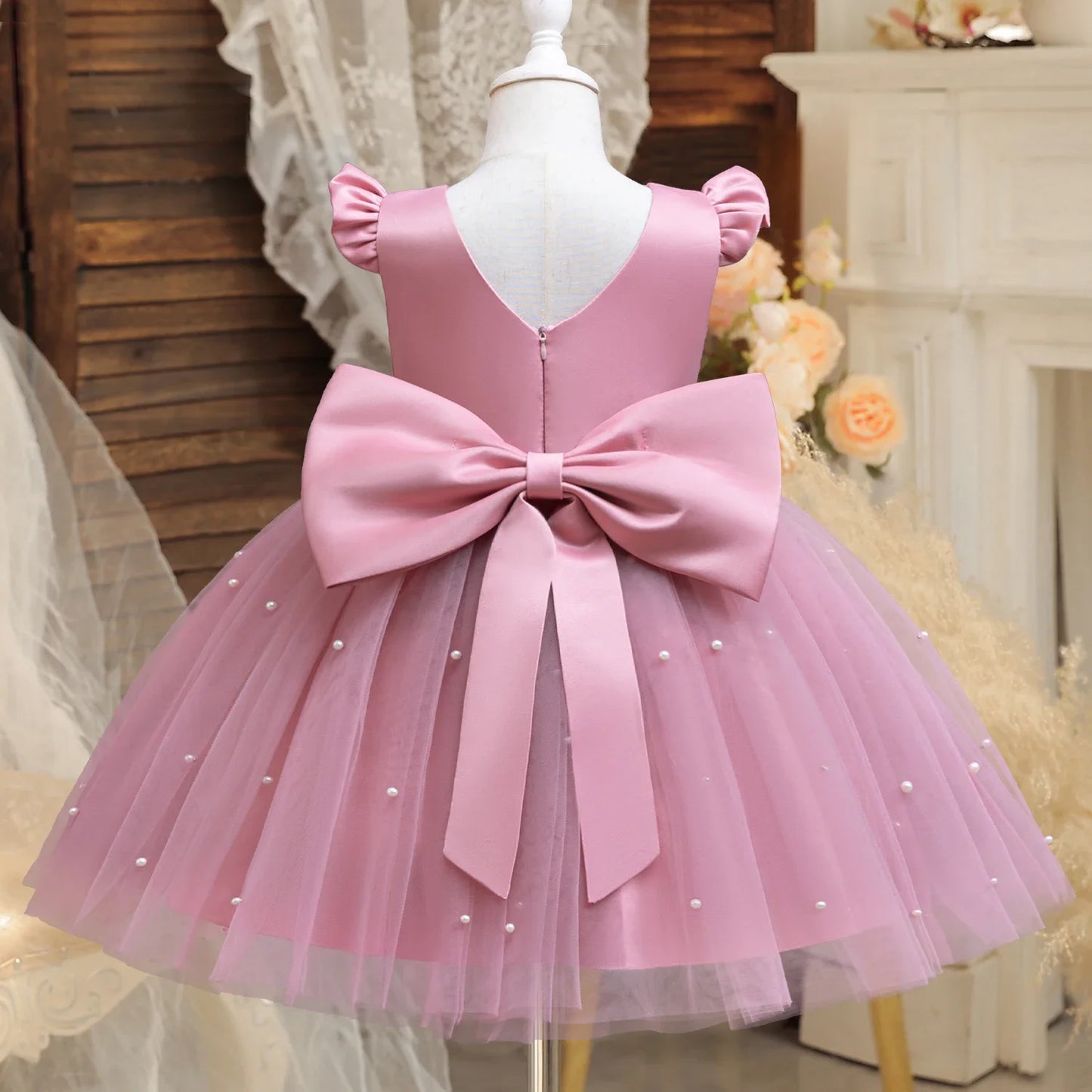 Elegant Pink Fluffy Girl Dresses Birthday Tulle Sleeveless Bow Pearls Princess Wedding Party Gown Kids Piano Performance Costume