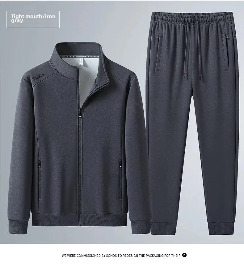 Spring Autumn New Men's Cotton Sports Suit Stand Collar Sweatshirt Middle-Aged And Elderly Casual Stylish Cardigan Loose-Fit 2-P