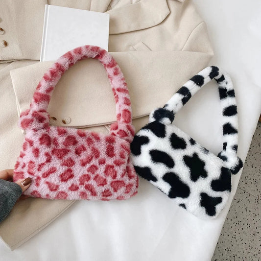1Pc Fashion Women Cow Print Mini Shoulder Bag Women Winter Plush Armpit Bag