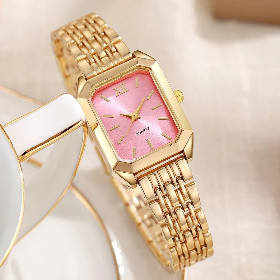 Luxury Women's Quartz Watch Set Fashion Alloy Band Business Ladies Watches Square Quality Gold Plated Folding Female Clock