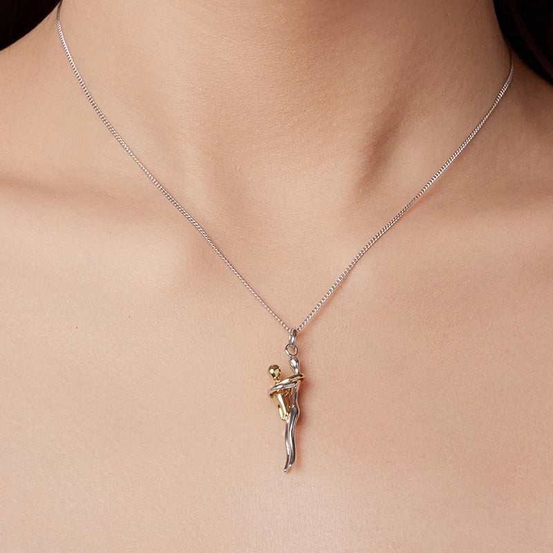 WOSTU Real 925 Sterling Silver Hug Embrace Pendant Necklace Silver Gold Two-tone Mom & Child Pendant Family Gift  Mom Jewelry