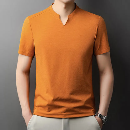 Korean Men's Casual and Fashionable Small V-neck Solid Color Short Sleeved T-shirt Comfortable Summer Versatile Top