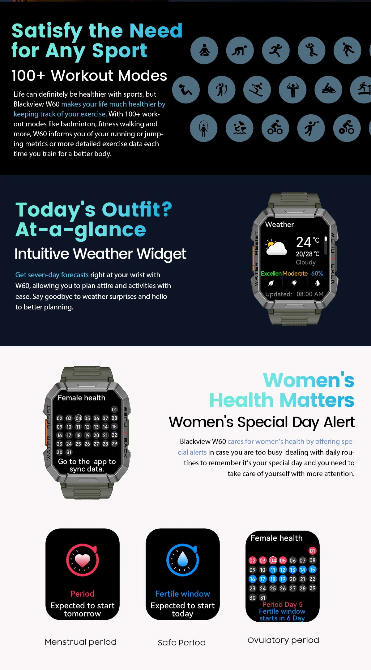 Blackview W60 Smartwatch 2.01'' HD Display TFT Rugged Smart Watch for Outdoor With Emergency Lighting Bluetooth Calling