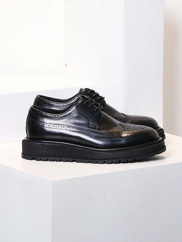 Mens Wing Tip Brogue Shoes Business Height Inceasing Thick Platform Cowhide Genuine Leather Formal Shoes Bright Work Dress Shoes