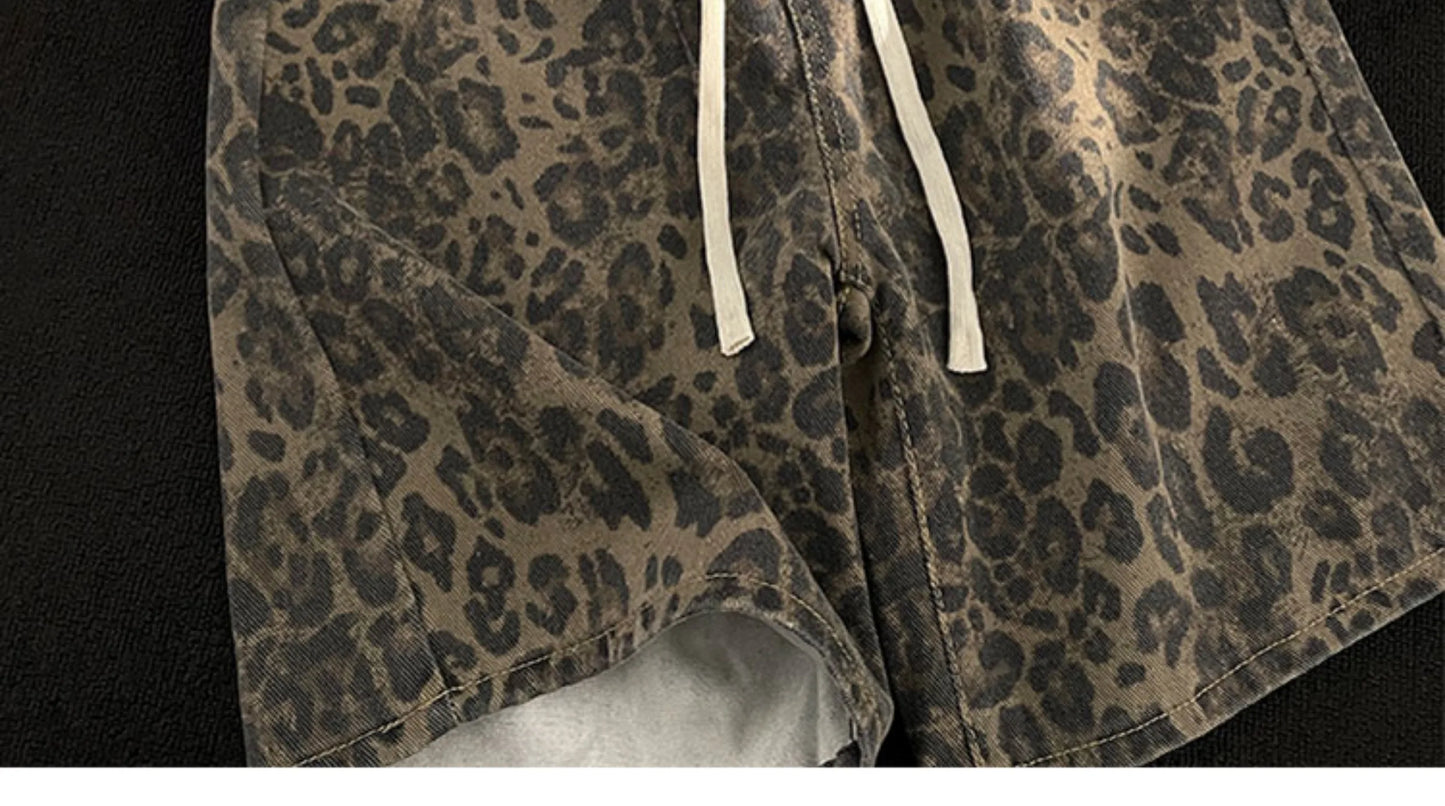 Men Leopard Denim Shorts Summer Thin American High Street Drawstring Casual Pants Loose Popular Versatile Handsome Trousers
