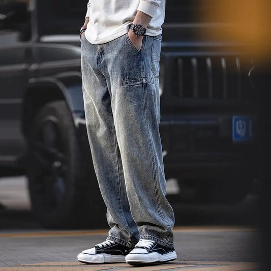 Trousers Straight Man Cowboy Pants with Pockets Men's Jeans Wide Leg Plus Size
