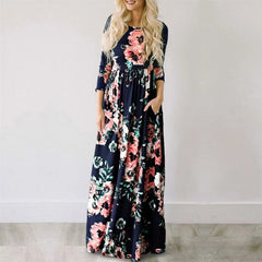 Pink Floral Print Boho Beach Dress Ladies Evening Party Long Dress Sundress