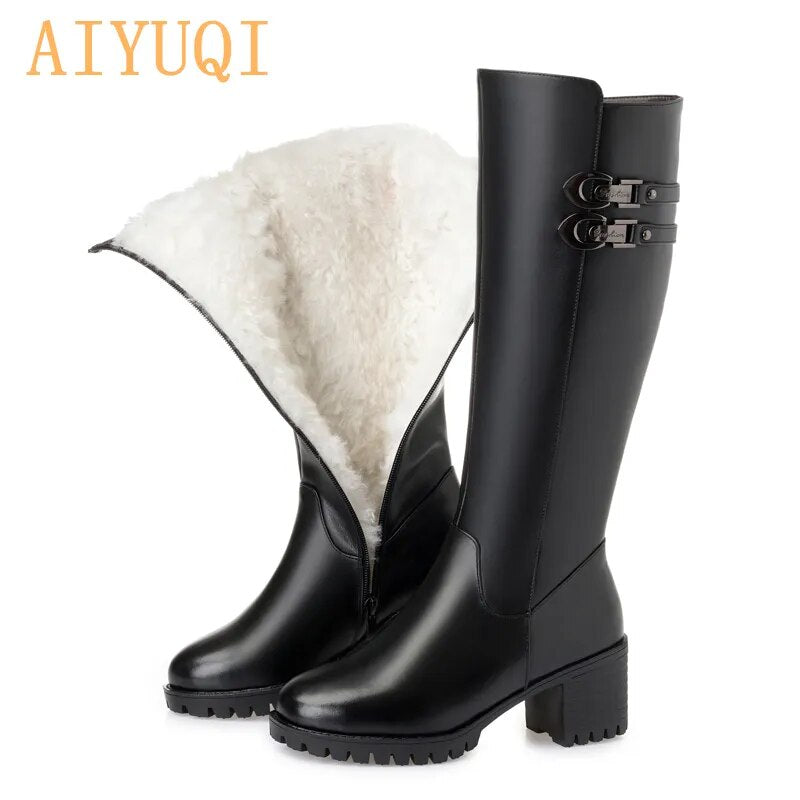 Genuine Leather Wool High Heel High Boots Women Large Size