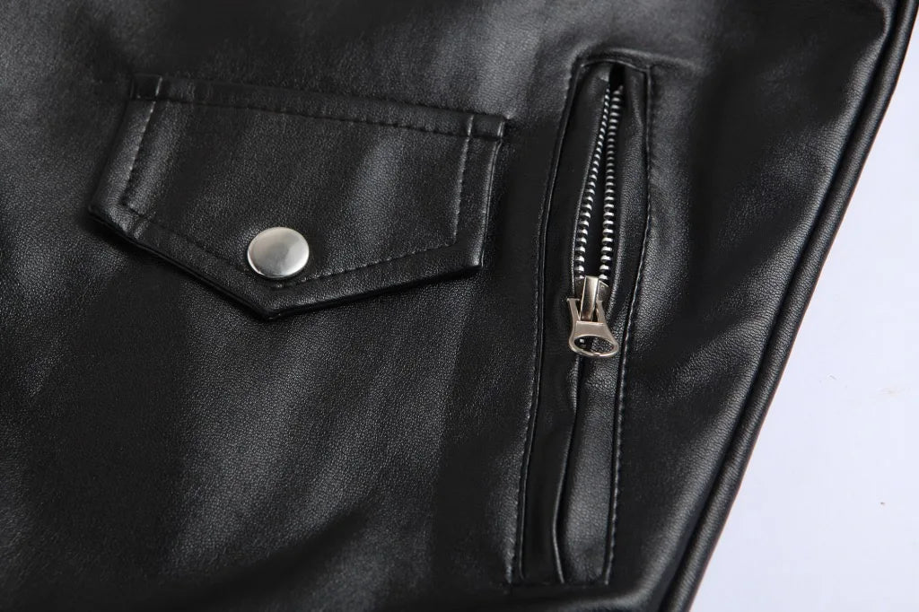 Mens Leather Jackets White Black Casual Lapel Slim Fit Diagonal Zipper