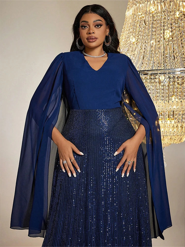 TOLEEN Women Plus Size Maxi Dresses Blue Sequin Formal Dress Elegant V-neck Extra Long Split Sleeves Tight Wedding Party Dress