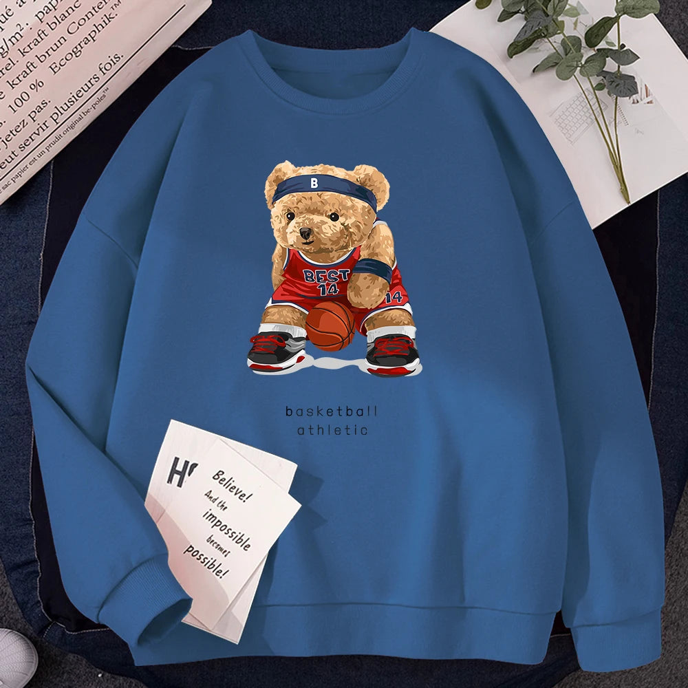 Women No Best14 Teddy Bear Basketball Athletic Print Hoodies Loose Crewneck