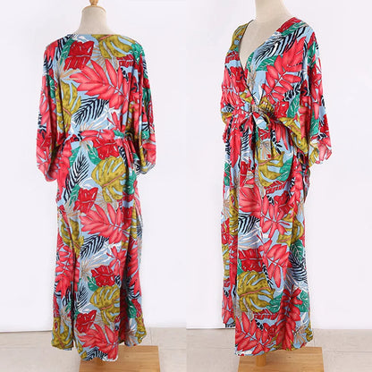 Plus Size Women’s Summer Loose Kimono Maxi Dress Wrap V Neck 3/4 Sleeve Floral Print Slit Long Dresses