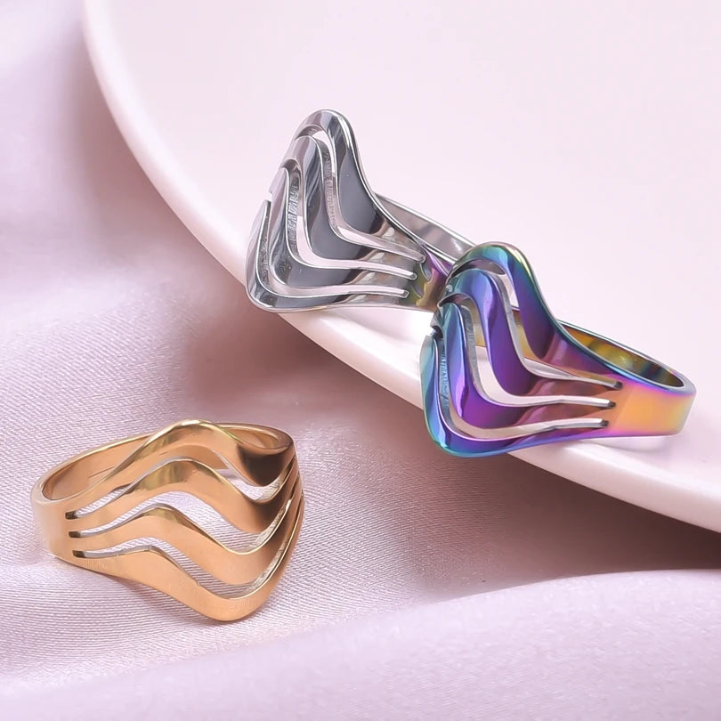 1Pc Stainless Steel Women Personality Textured Chunky Open Rings Punk Hammered
