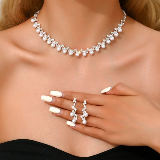 TREAZY Silver Color Pearl Crystal Bridal Jewelry Sets Wave Shape Choker Necklace Earrings Sets for Women Wedding Jewelry Sets