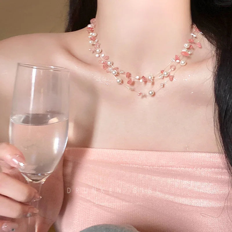 Romantic Niche Pink Sweet Flower Collarbone Chain Versatile Temperament Necklace Women's Pearl Fringe Collarbone Chain