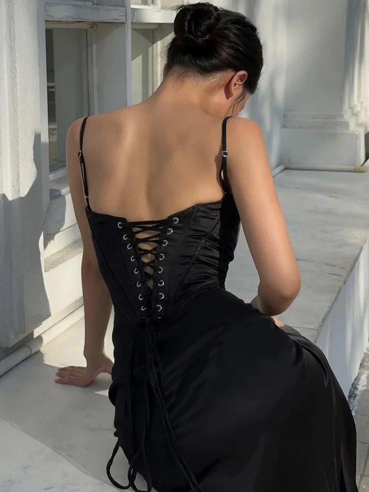 Evening wear Dresses: Black Spaghetti Strap Lace Up Formal Dress