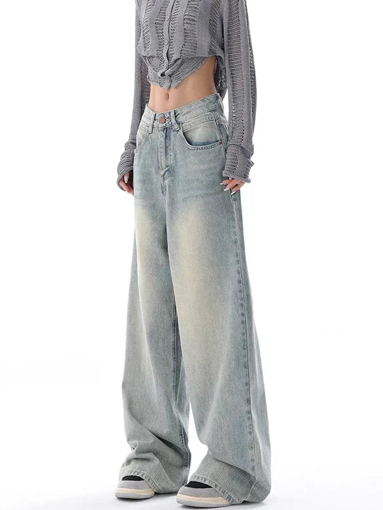 Waisted Jeans Women Autumn Button Full Length Wide Leg Denim Pants