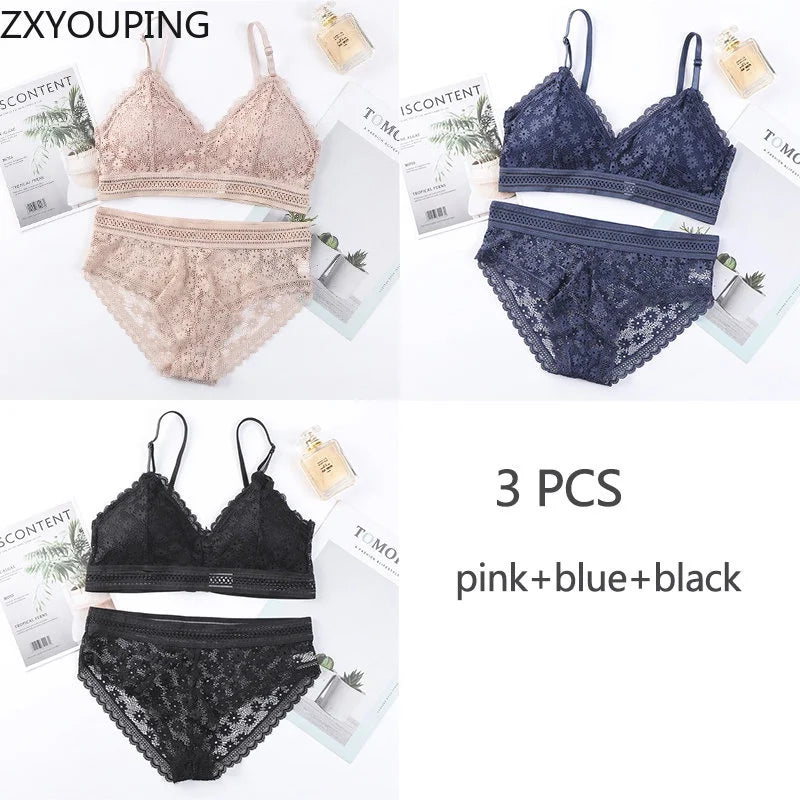 3 Piece Set Bra Lace Beauty Back Suit Underwear Gather Seamless